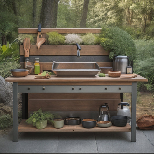 A modern outdoor mud kitchen with a polished concrete countertop, wooden cabinets, and a wooden utensil holder, surrounded by lush greenery and a few playful mud-covered utensils scattered around.