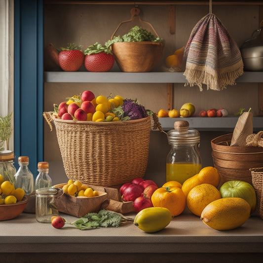 A colorful still life of a kitchen counter with a variety of fruits and vegetables, some stored in woven baskets, others in glass jars, and a few hanging from a rustic wooden pegboard.