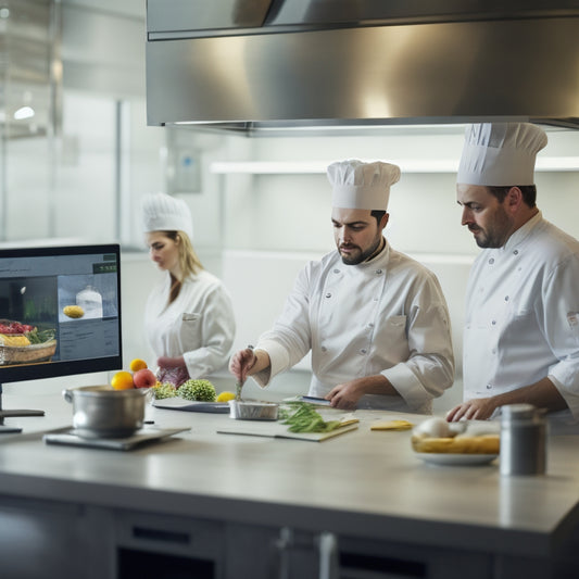 A bustling commercial kitchen with stainless steel countertops, a chef in a white coat and hat, and a tablet with a virtual instructor on the screen, surrounded by fresh ingredients and utensils.