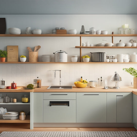 A minimalist kitchen with a compact island, a few sleek utensils on a pegboard, a small collection of cookbooks on a shelf, and a few essential appliances on the countertops.