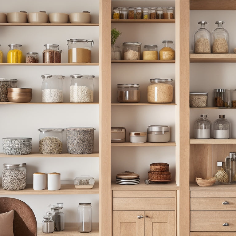 A beautifully organized corner cabinet showcasing pull-out shelving systems. Soft natural light highlights sleek wooden shelves filled with neatly arranged kitchenware, jars, and spices, emphasizing functionality and elegance in a modern kitchen setting.