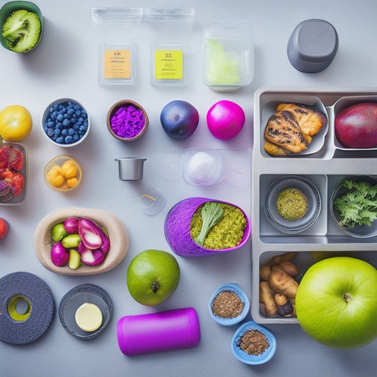 A colorful and organized kitchen counter with various meal prep containers filled with healthy foods, such as grilled chicken, quinoa, roasted vegetables, and fresh fruits, surrounded by a few fitness accessories like dumbbells and a yoga mat.