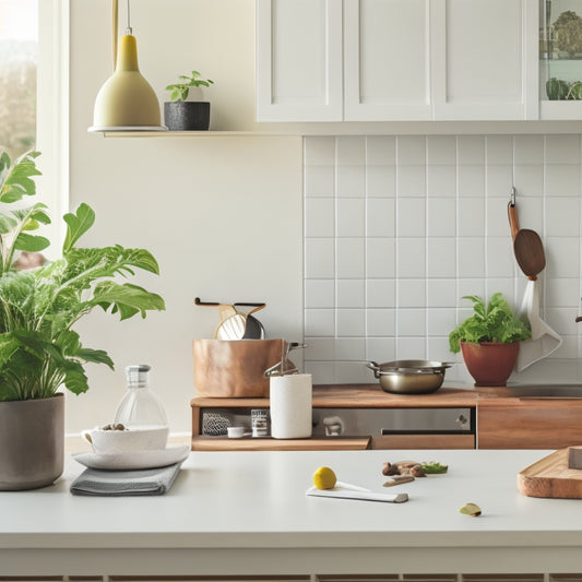 A minimalist kitchen interior with a clean countertop, a few neatly arranged cookbooks, a small potted plant, and a laptop open to a template design page, surrounded by subtle kitchen utensils.