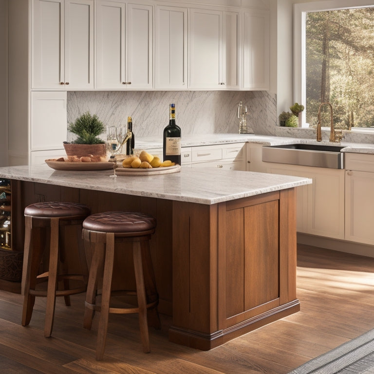 A stylish kitchen island with a mix of wood tones, featuring a waterfall countertop, curved legs, and a built-in wine rack, set against a backdrop of bright white cabinets and marble flooring.