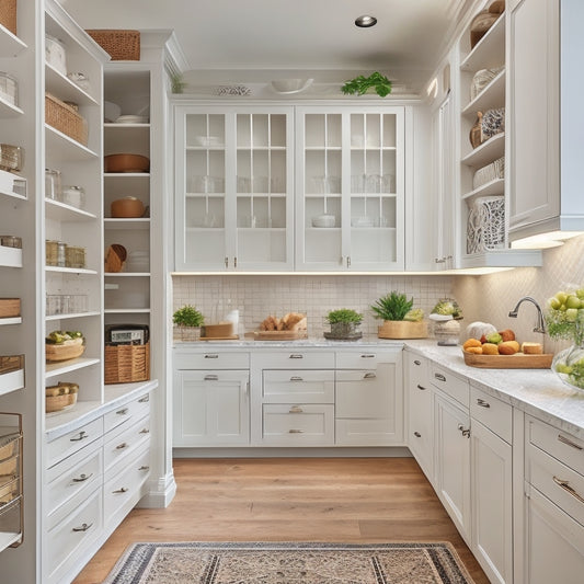 A bright, modern kitchen with creamy white cabinets, warm wood flooring, and a large, floor-to-ceiling custom pantry with pull-out drawers, adjustable shelves, and a built-in spice rack.