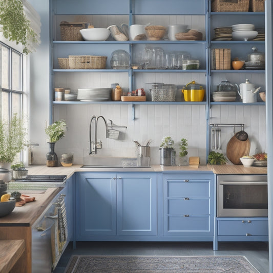 A tidy kitchen with a mix of open and closed storage units, featuring a utensil organizer on the counter, a wall-mounted pot rack, and a few cookbooks on a decorative shelf.