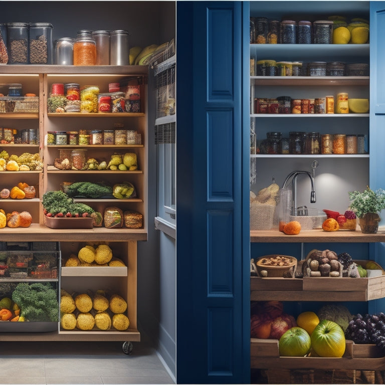 A split-screen image featuring a cluttered, dimly lit pantry on one side and a sleek, organized pantry with stackable containers, a pegboard, and a few fresh fruits on the other.