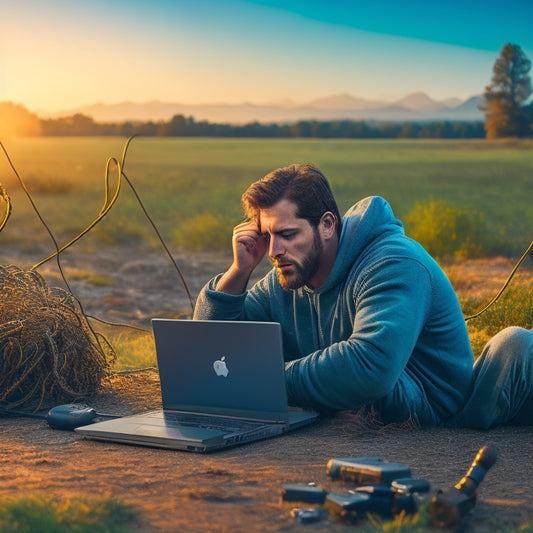 A frustrated person sitting in front of a laptop with a tangled web of cords and broken computer screens surrounding them, contrasted with a serene background of a peaceful landscape.