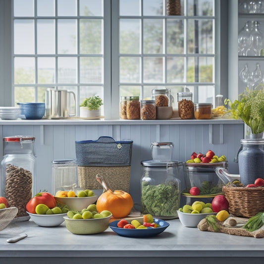 A tidy kitchen counter with a variety of airtight glass containers, baskets, and bins in different shapes and sizes, filled with fresh fruits, vegetables, and grains, surrounded by a few cooking utensils.