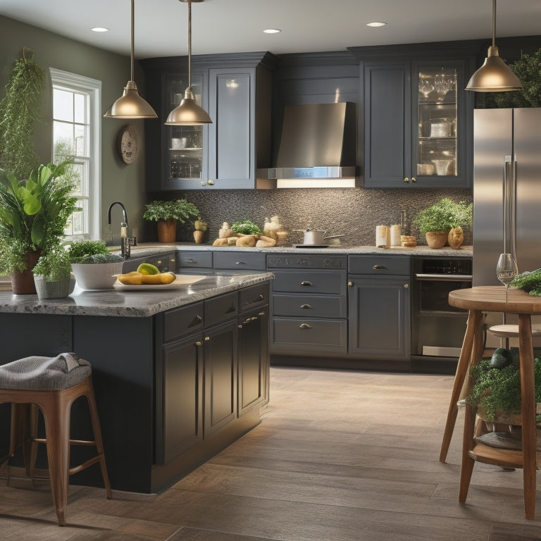 A well-lit, modern kitchen with a central island cart featuring three drawers, two cabinets, and a butcher-block top, surrounded by sleek appliances and fresh greenery.