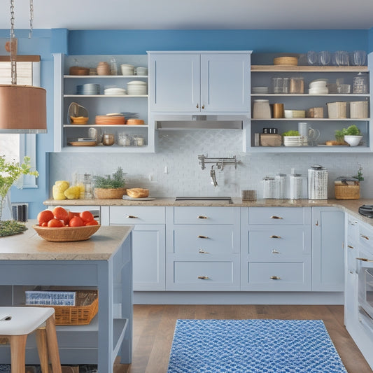A bright, modern kitchen with sleek countertops, a large island, and a mix of open and closed storage units, featuring pull-out shelves, hanging utensil organizers, and a pegboard.