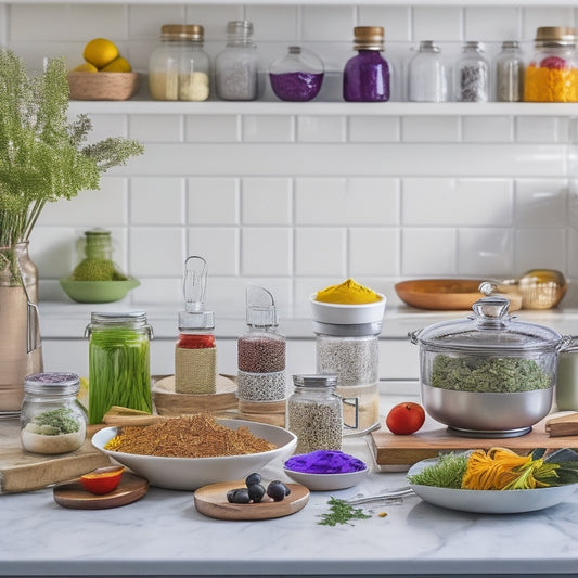 A beautifully arranged kitchen scene featuring a glossy white Lazy Susan cabinet organizer filled with colorful spices, jars, and utensils, surrounded by modern cookware and vibrant fresh herbs on a marble countertop.