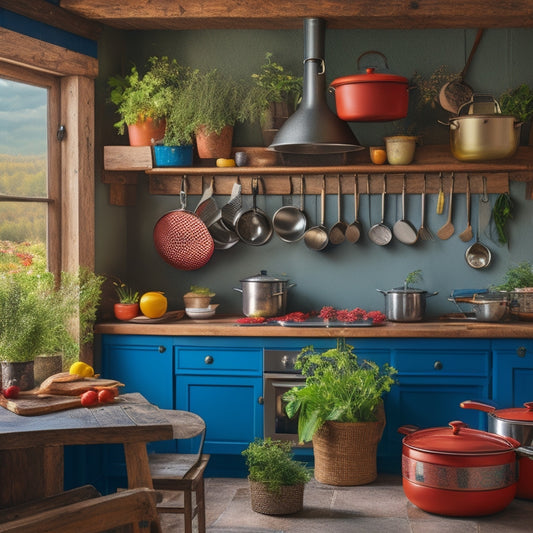 A cozy kitchen scene featuring a stylish wooden pot rack suspended from a ceiling beam, adorned with an array of colorful pots and pans, surrounded by fresh herbs, kitchen tools, and soft, warm lighting.