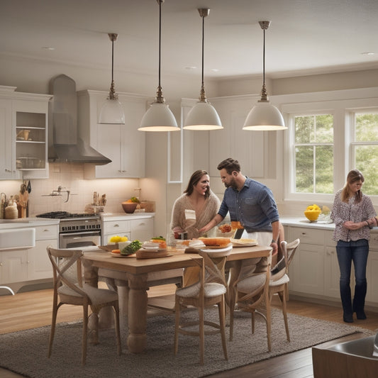 A bright, modern kitchen with a large island, pendant lamps, and a mix of open and closed cabinetry, surrounded by a family of four preparing a meal together.