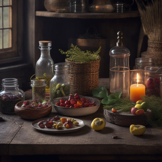 A dimly lit, rustic wooden table with vintage glass jars filled with preserved fruits and vegetables, surrounded by old-fashioned utensils and a few sprigs of fresh herbs.