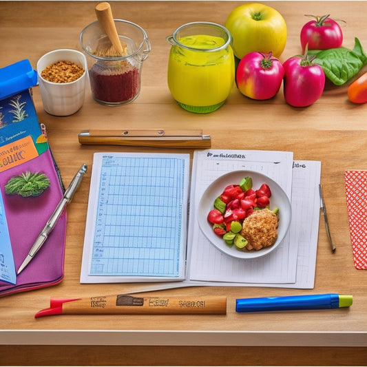 A tidy kitchen counter with a few essential meal planning tools: a wooden cutting board, a set of colorful pens, a meal planning calendar, and a few recipe cards arranged in a neat stack.