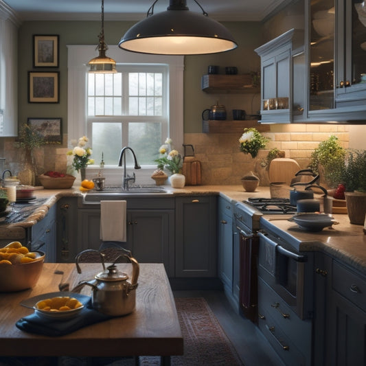 A warm, well-lit kitchen with a senior adult in the background, surrounded by safety features: non-slip flooring, grab bars, a walk-in pantry, and adaptive cookware and utensils on countertops and in cabinets.