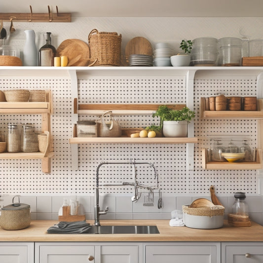 A clutter-free, minimalist kitchen with a compact island, open shelving, and a pegboard on the wall, featuring a few strategically placed baskets, hooks, and a utensil organizer.