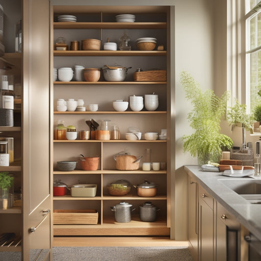A beautifully designed corner kitchen cabinet featuring sleek pull-out shelves, filled with organized pots, pans, and spices, illuminated by warm, natural light, showcasing a modern, functional kitchen space.