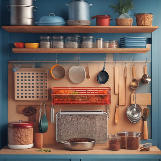 An illustration of a kitchen with a pegboard on a wall, holding baskets, utensils, and pots, alongside a pull-out spice rack, a hanging pot lid organizer, and a utensil divider inside a drawer.