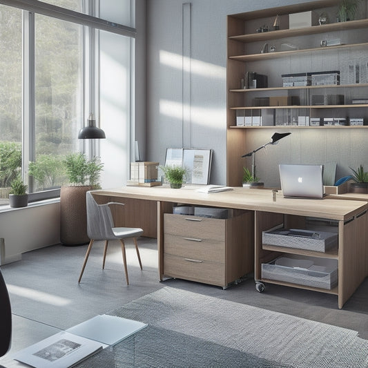 A tidy, modern office space with a sleek, wooden presentation table at its center, surrounded by neatly organized storage containers and shelves, illuminated by soft, natural light.
