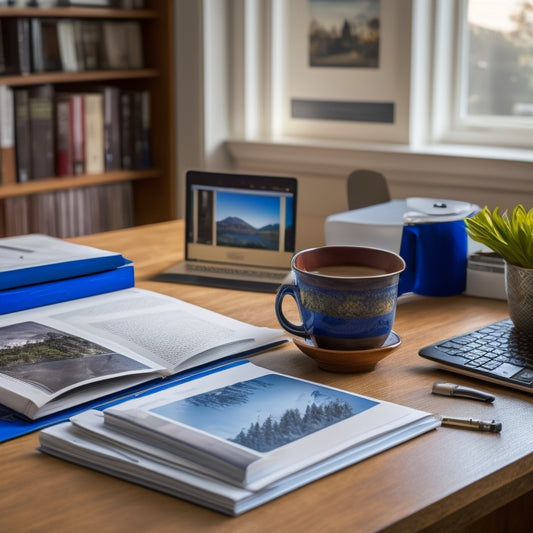 A clutter-free desk with a laptop, a few sheets of printed paper, and a UBC-branded coffee mug, surrounded by subtle hints of a university setting, such as a bookshelf or a blurred-out campus map.