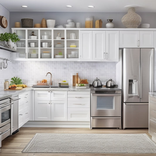 A modern kitchen with sleek, white cabinets, a large island, and a stainless steel refrigerator, featuring a pegboard with hanging utensils, a pull-out spice rack, and a set of matching canisters.