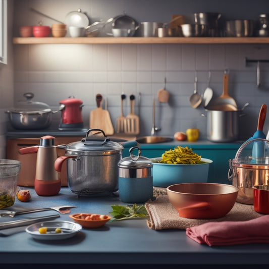 A cluttered kitchen counter with various utensils, gadgets, and cookware scattered about, with a few items highlighted in bright light, surrounded by a subtle gradient of warm kitchen tones.