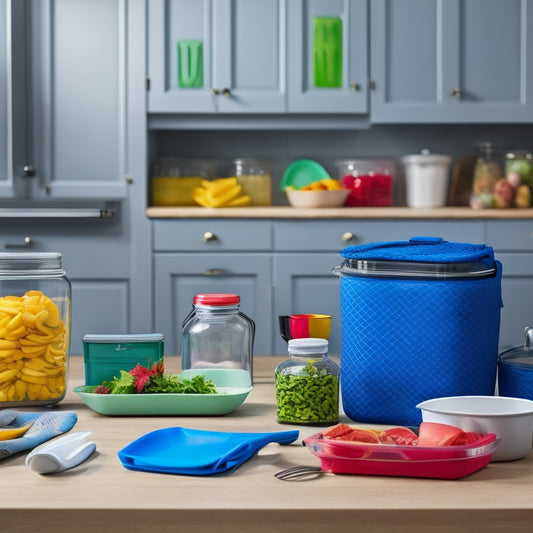 A tidy, compact kitchen counter with a variety of colorful, portioned meal prep containers, a stack of reusable bags, and a few strategically placed utensils, amidst a subtle college dorm room backdrop.