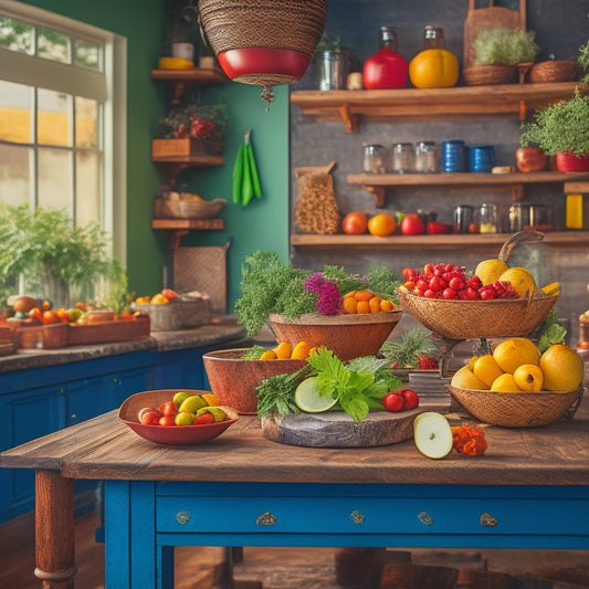 A cozy kitchen scene featuring a stylish, wooden tiered rack filled with colorful spices, fresh herbs, and vibrant fruits, surrounded by rustic utensils and warm, natural lighting enhancing the inviting atmosphere.