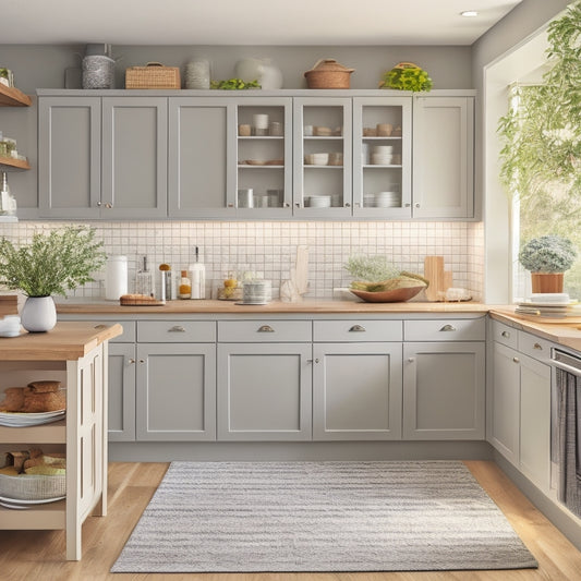 A bright, modern kitchen with sleek, handle-less cabinets in a light gray finish, featuring pull-out shelves, lazy susans, and a built-in spice rack, surrounded by warm, natural wood flooring.