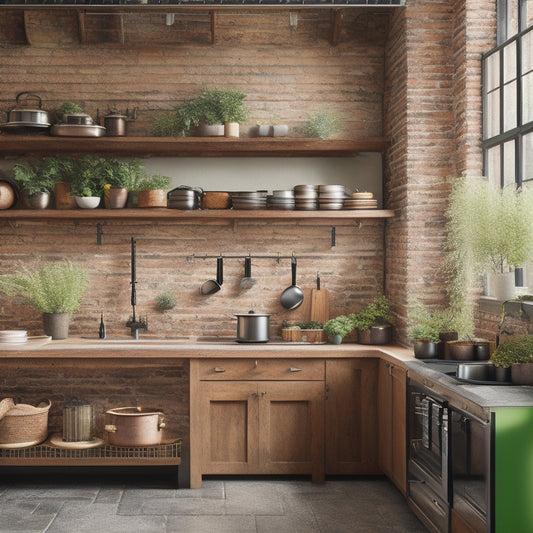 A rustic urban kitchen featuring a metal hanging rack, adorned with pots and pans, surrounded by exposed brick walls, wooden shelves, and greenery, showcasing a blend of industrial design and cozy charm.