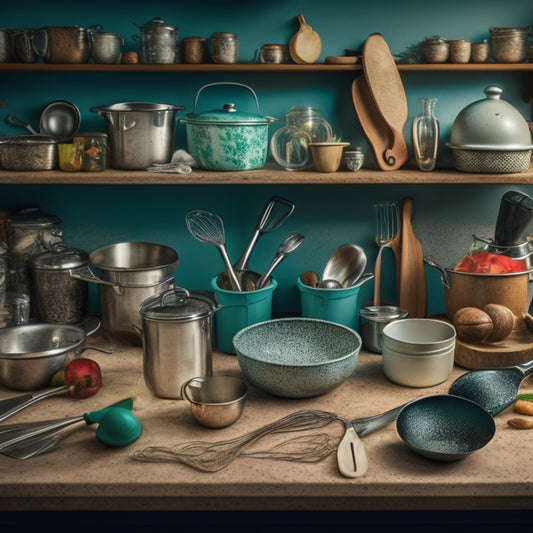A cluttered, cramped kitchen countertop with utensils scattered chaotically, a jumbled mess of ladles, whisks, and spatulas overflowing from a small, open drawer.