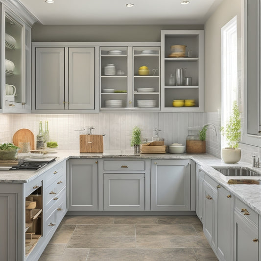A well-organized galley kitchen with sleek, handle-free cabinets, a pull-out pantry, and a countertop with built-in utensil organizers, set against a clean, light-gray background with warm, natural lighting.