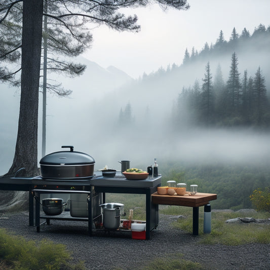 A serene outdoor campsite at dawn, with a sleek, modern camp kitchen setup: stainless steel counters, a portable grill, and a fully-stocked utensil organizer amidst lush greenery and misty mountains.