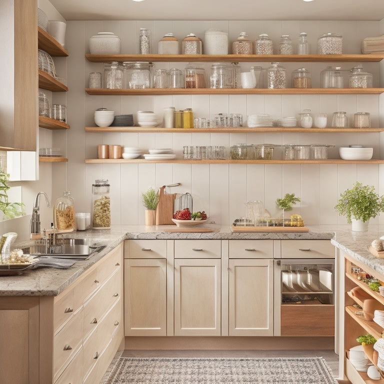 A beautifully organized kitchen with elegant pull-out shelves in wooden cabinets, showcasing neatly arranged spices, pots, and pans. Soft natural light illuminates the scene, highlighting the modern, functional design and inviting ambiance.