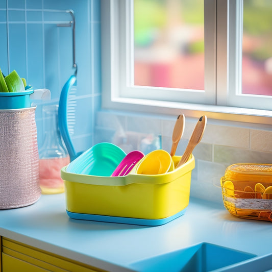 A sleek, modern sink caddy filled with colorful kitchen utensils. The caddy features compartments for spatulas, whisks, and brushes, set against a bright, clean kitchen backdrop with sunlight streaming through a window.