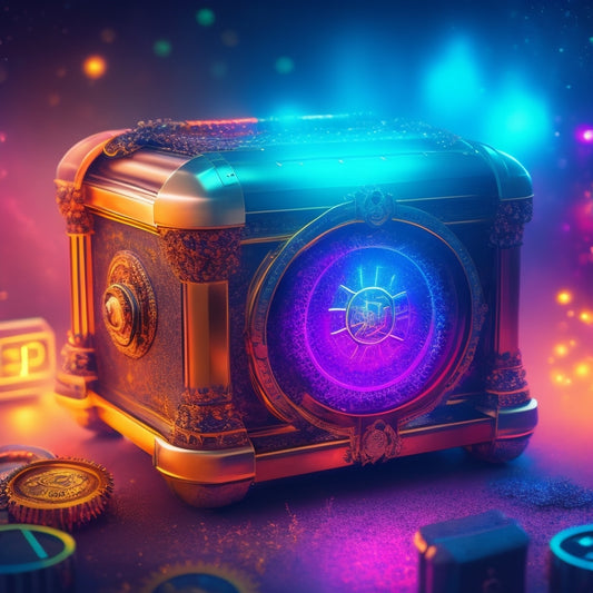 A futuristic, metallic treasure chest with a glowing Android logo on the lid, surrounded by swirling mist, with gears, circuits, and neon lights bursting out of it in a mesmerizing explosion of color.