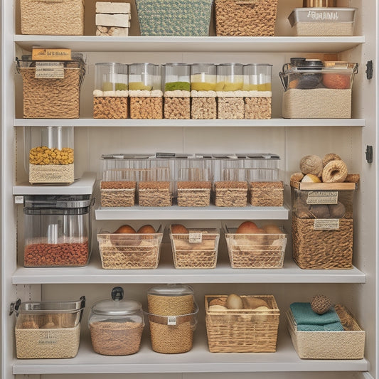A well-organized pantry showcasing tiered spice racks, clear labeled bins for grains and snacks, stackable containers for pasta, and a pull-out basket for fruits, all arranged with a warm, inviting light.