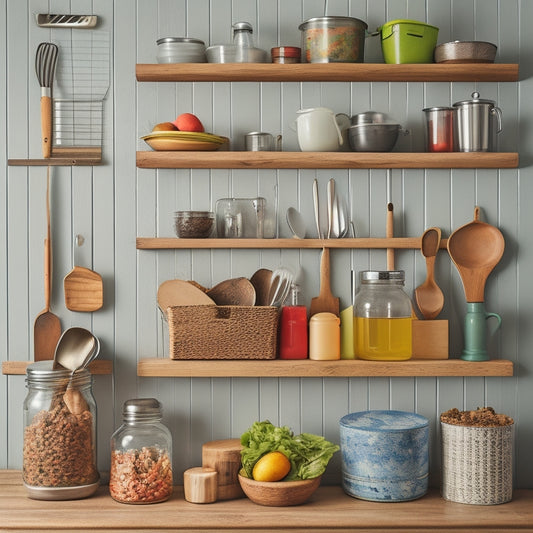 A clutter-free kitchen counter with a wooden utensil organizer attached to the wall, holding a variety of kitchen tools, alongside a magnetic knife strip and a repurposed mason jar filled with colorful utensils.