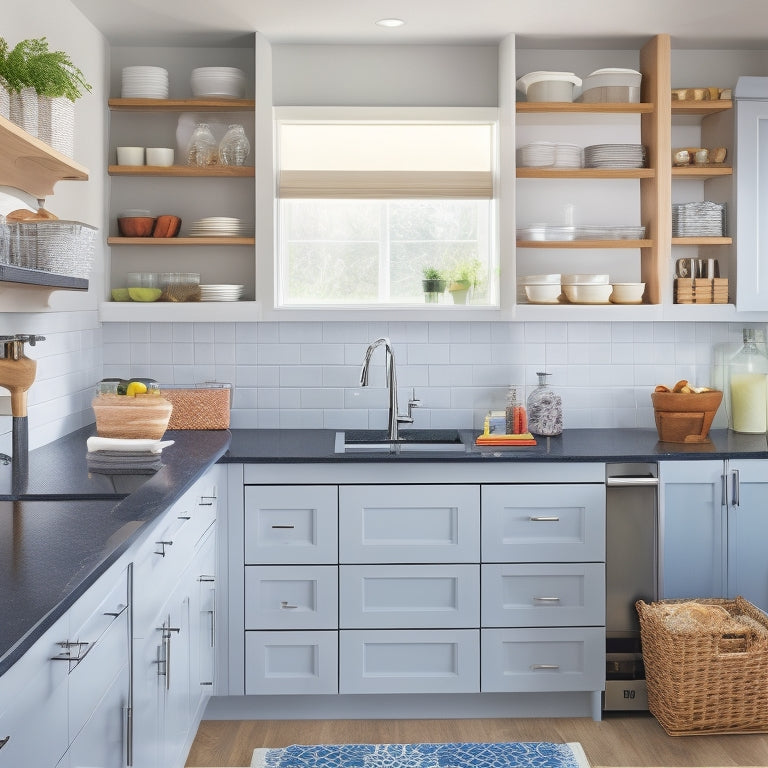 A modern kitchen under-sink area showcasing neatly organized storage solutions: clear bins, tiered shelves, and pull-out drawers, all filled with cleaning supplies, dish soaps, and sponges, surrounded by polished cabinetry and sleek plumbing fixtures.