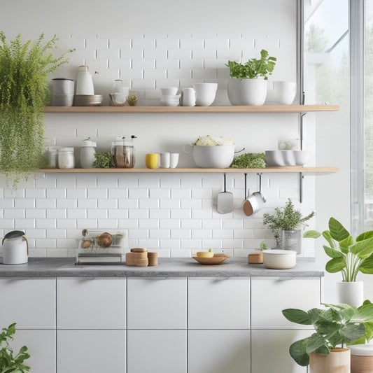 Create an image showcasing a modern, minimalistic kitchen with a sleek, foldable shelf. The shelf is adorned with potted herbs, colorful dishes, and cooking utensils, all against a bright, airy backdrop of white cabinets and natural light.
