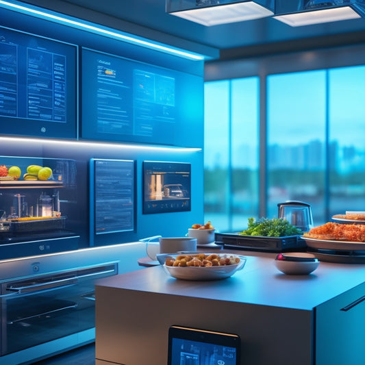 A futuristic kitchen with a large tablet displaying a virtual instructor, surrounded by futuristic equipment and utensils, with a subtle glow and wires connecting to a cityscape in the background.