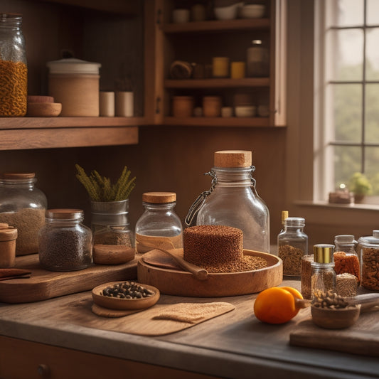 A cozy kitchen scene showcasing a hands-on DIY project with a partially installed wooden Lazy Susan cabinet, tools scattered around, a measuring tape, and vibrant spices in jars, all bathed in warm, natural light.