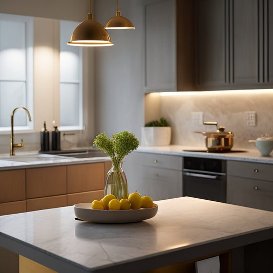 A sleek kitchen featuring modern under-cabinet lighting, glowing softly in warm hues. A smartphone rests on the countertop, displaying a lighting control app, while ambient light casts gentle shadows on marble surfaces.