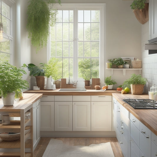 A tidy, L-shaped kitchen with white cabinets, warm wood countertops, and a small, round, glass-topped table in the corner, surrounded by green plants and soft, natural light.