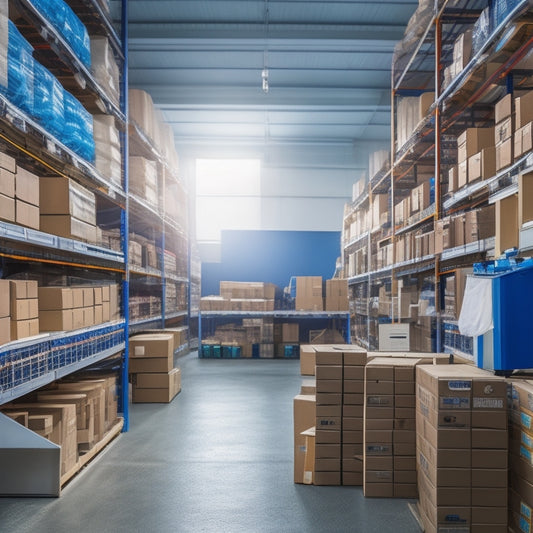 A tidy, modern warehouse with organized shelves, labeled boxes, and a tablet displaying a spreadsheet, surrounded by colorful folders, pens, and a cup of coffee, under a bright, natural light.