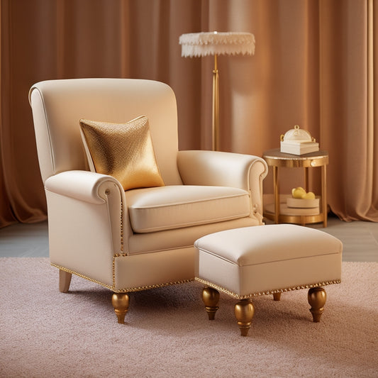 A luxurious, cream-colored roll arm chair with a matching ottoman, adorned with golden studs, set against a warm, beige background, with a subtle gradient of natural light.