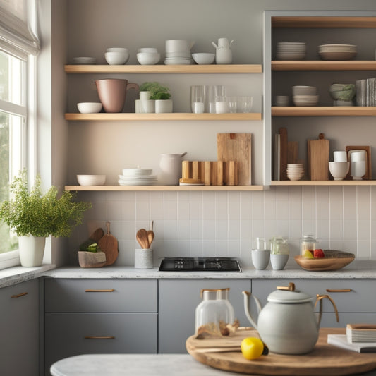 A serene kitchen with a limited color palette, featuring a sleek, handle-less cabinet in a soft gray tone, paired with a minimalist range hood and a sparse arrangement of cookbooks on a floating shelf.