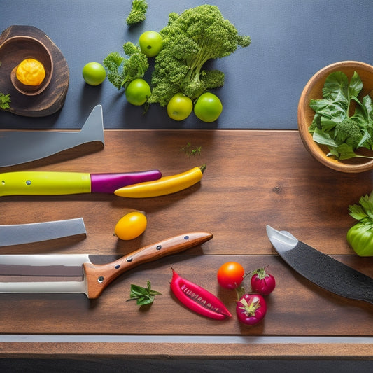 A sleek, modern kitchen showcasing a magnetic knife strip mounted on a wooden backsplash, with various colorful chef knives artistically arranged, complemented by vibrant fresh herbs and vegetables on a rustic wooden countertop.